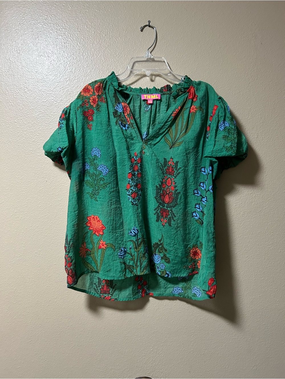 THML Boho Floral Puff Sleeve Blouse Top Green Medium Cottagecore Semi Sheer